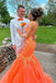 Mermaid Orange Appliques Lace V Neck Spaghtti Straps Tulle Long Prom Dresses OM0442