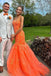 Mermaid Orange Appliques Lace V Neck Spaghtti Straps Tulle Long Prom Dresses OM0442