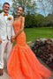 Mermaid Orange Appliques Lace V Neck Spaghtti Straps Tulle Long Prom Dresses OM0442