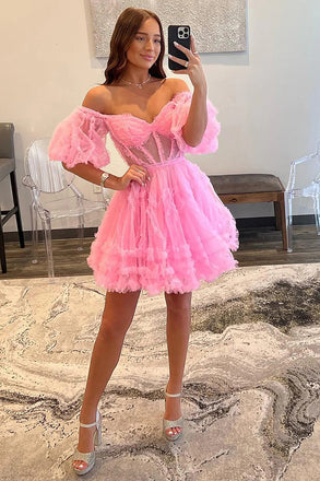 Light Pink A Line Off the Shoulder Corset Tulle Short Homecoming Dresses OMH0273