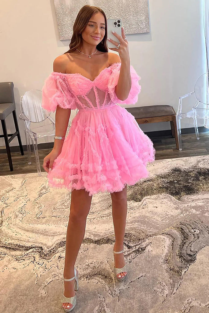 Light Pink A Line Off the Shoulder Corset Tulle Short Homecoming Dresses OMH0273