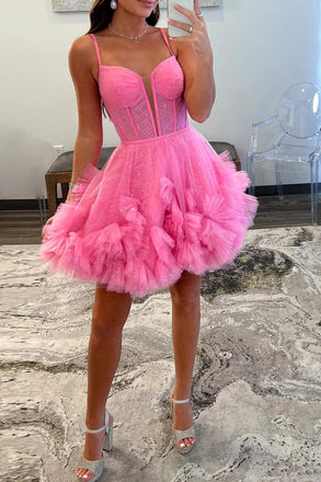 Glitter A Line Spaghetti Straps Corset Tulle Short Homeconing Dresses, Sweet 16 Dress OMH0283