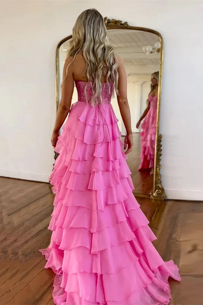 A line Hot Pink Chiffon V Neck Appliques Lace Tiered Strapless Lace Up Prom Dress OM0447