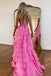 A line Hot Pink Chiffon V Neck Appliques Lace Tiered Strapless Lace Up Prom Dress OM0447