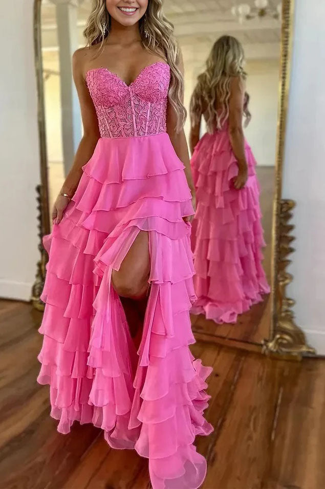 A line Hot Pink Chiffon V Neck Appliques Lace Tiered Strapless Lace Up Prom Dress OM0447