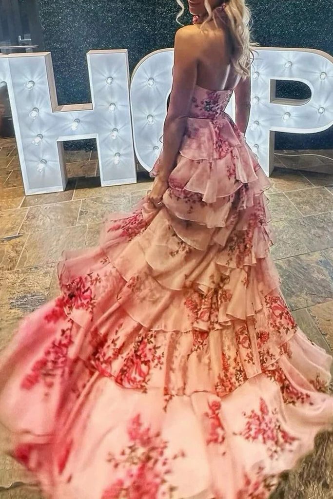 Simple Pink A Line Hatler Floral Chiffon Tiered V Neck Floral Printed Long Prom Dress OM0446