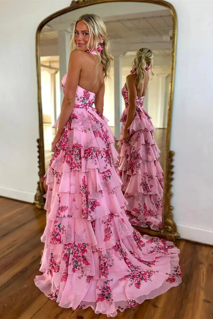 A Line Pink Floral Printed Chiffon Prom Dresses Tiered Halter Formal Gown With Slit OM0450