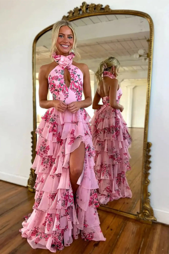 A Line Pink Floral Printed Chiffon Prom Dresses Tiered Halter Formal Gown With Slit OM0450