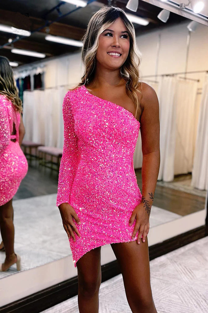 Sheath Pink Velvet Sequins One Shoulder Long Sleeves Homecoming Dress, Cocktail Dress OMH0291