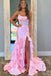 Sheath Strapless Pink Pleated Appliques Satin Tiered Long Prom Evening Dress OM0451