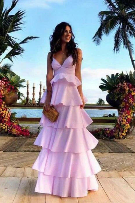 Simple A line Pink Spaghetti Straps V neck Sleeveless Layers Floor Length Prom Dress OM0430