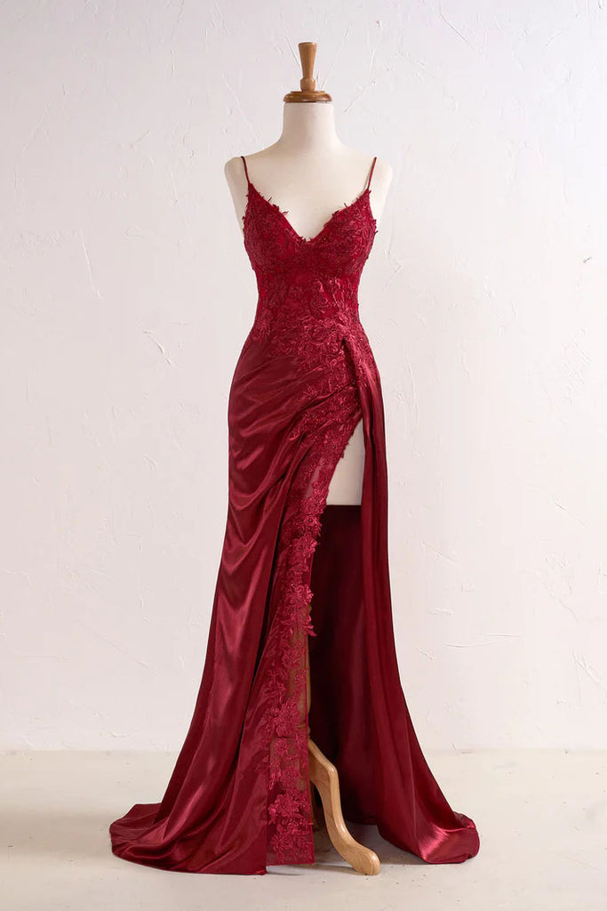 Elegant A Line Black Spaghetti Straps V Neck Sleeveless Long Prom Dresses With Slit OM0419