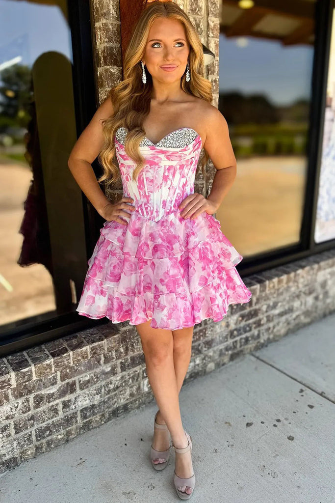 A-line Strapless Floral Printed Chiffon Ruffles Short Homecoming Dresses,Cocktial Dress OMH0317
