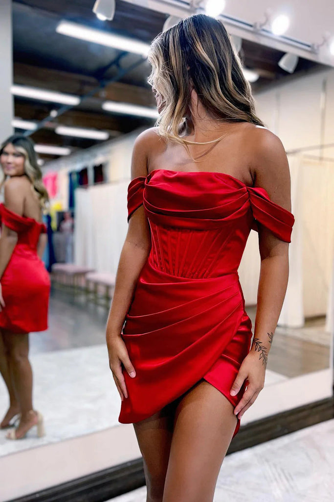 Sheath Red Off the Shoulder Homecoming Dresses With Ruffles, Cocktail Dresses OMH0287