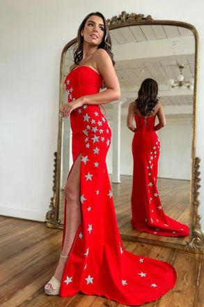 Simple Mermaid Red Strapless Sleeveless Sweep Train Prom Dresses With Stars OM0406
