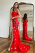 Simple Mermaid Red Strapless Sleeveless Sweep Train Prom Dresses With Stars OM0406