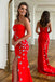 Simple Mermaid Red Strapless Sleeveless Sweep Train Prom Dresses With Stars OM0406
