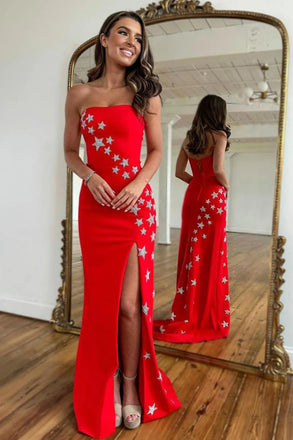 Simple Mermaid Red Strapless Sleeveless Sweep Train Prom Dresses With Stars OM0406