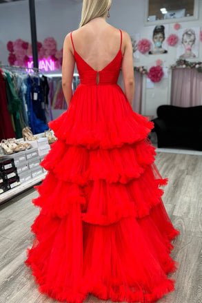 A line Red Layers Ruffles Plunging V Neck Spaghetti Straps Tulle Prom Dress OM0390