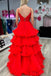 A line Red Layers Ruffles Plunging V Neck Spaghetti Straps Tulle Prom Dress OM0390