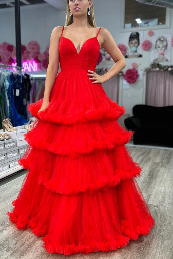 A line Red Layers Ruffles Plunging V Neck Spaghetti Straps Tulle Prom Dress OM0390