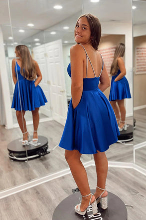 A Line Royal Blue Spaghetti Straps Satin Short Homecoming Dresses With Pockets OMH0272