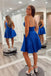 A Line Royal Blue Spaghetti Straps Satin Short Homecoming Dresses With Pockets OMH0272