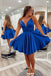 A Line Royal Blue Spaghetti Straps Satin Short Homecoming Dresses With Pockets OMH0272