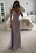 Sheath Spaghetti Straps V neck Sleeveless Prom Dresses With Slit, Long Formal Dress OM0438