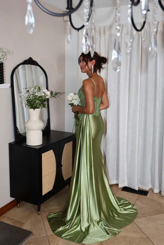 Sparkly Sheath Green Spaghetti Straps Corset Sequins Long Prom Dress With Slit OM0452