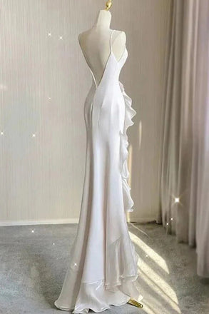 Simple Mermaid Ivory Prom Dress with Ruffles, Spaghetti Straps Backless Wedding Dress OW0153