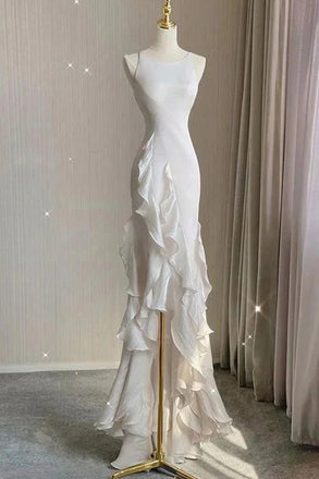 Simple Mermaid Ivory Prom Dress with Ruffles, Spaghetti Straps Backless Wedding Dress OW0153