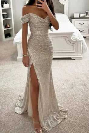 Sheath Silver Off the Shoulder V Neck Long Prom Dresses With Slit OM0420