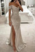 Sheath Silver Off the Shoulder V Neck Long Prom Dresses With Slit OM0420