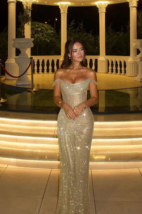 Sparkly Sheath Off the Shoulder Column Long With Pleats Prom Dress OM0453