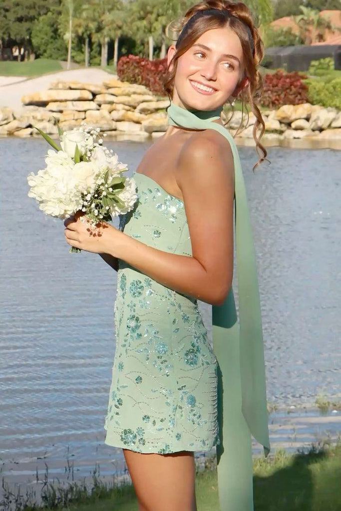 Sheath Sequin Appliques Lace StraplessSleeveless Short Homecoming Dress OMH0320