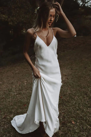 Simple A Line Ivory V Neck Spaghetti Straps Backless Beach Wedding Dresses OW0155