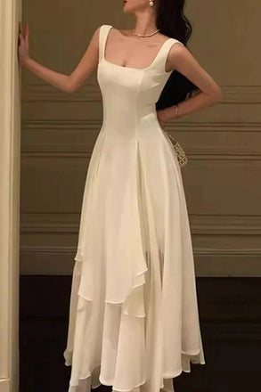 A Line Ivory Square Neck Prom Dresses, Ankle Length Elegant Evening Gowns OM0400