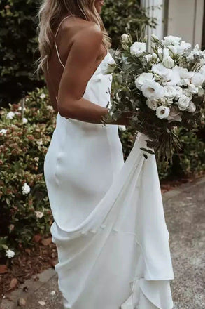 Simple Mermaid V neck Spaghetti Straps Criss Cross Long Ivory Beach Wedding Dress OW0148