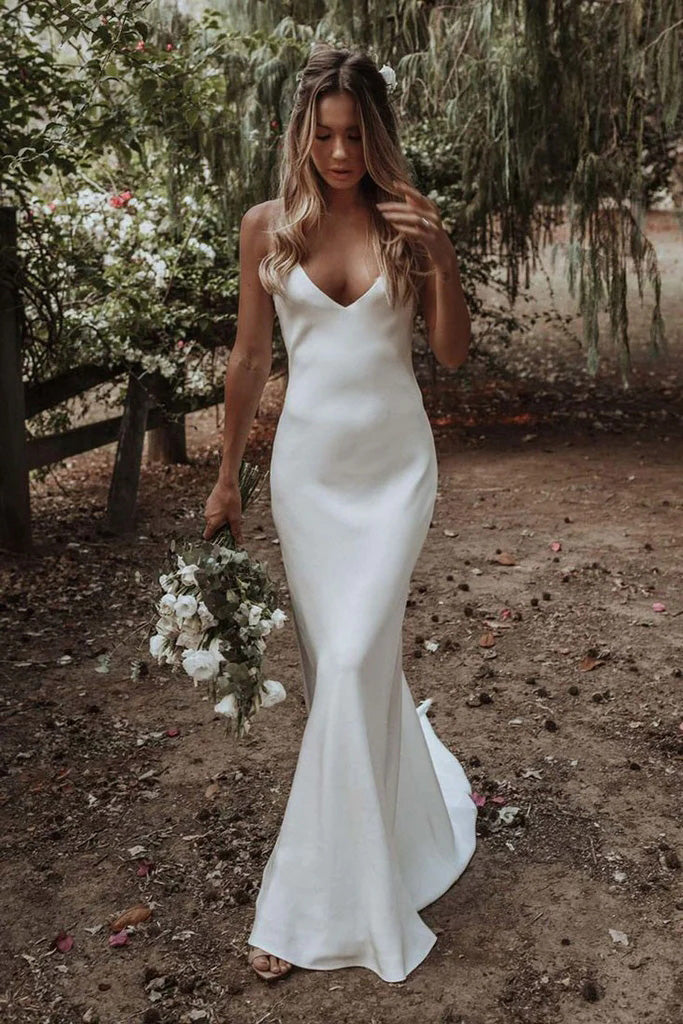 Simple Mermaid V neck Spaghetti Straps Criss Cross Long Ivory Beach Wedding Dress OW0148