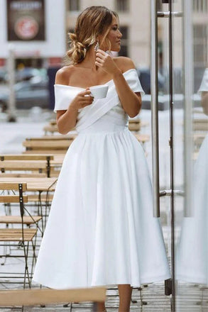 Simple A Line Off the Shoulder Ivory Wedding Dress, Tea Length Satin Lace Up Bridal Dress OW0154