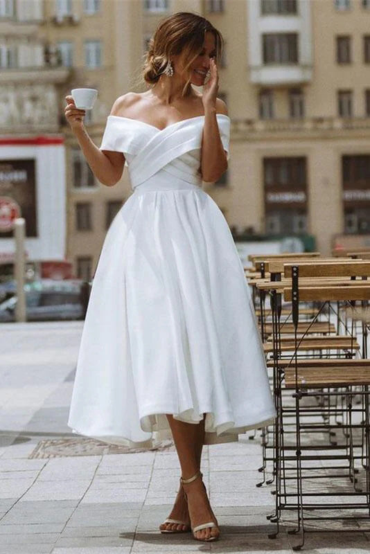 Simple A Line Off the Shoulder Ivory Wedding Dress, Tea Length Satin Lace Up Bridal Dress OW0154