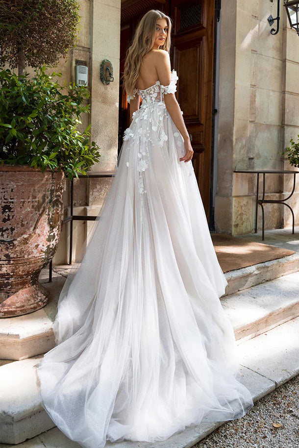 Simple A Line Off the Shoulder Tulle Long Wedding Dress, Appliques Lace Bridal Dress OW0152