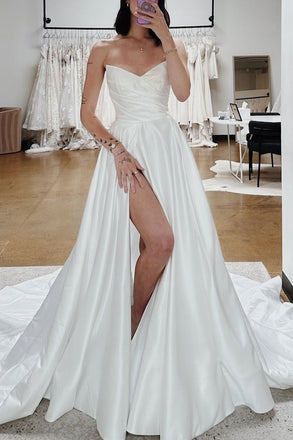 Simple A‑Line Satin Sweetheart Ivory Bridal Gown Sweep Train With High Slit, Wedding Dress OW0165
