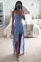 Simple A Line Sky Blue Chiffon High Low Layers Sleeveless Prom Dresses OM0417