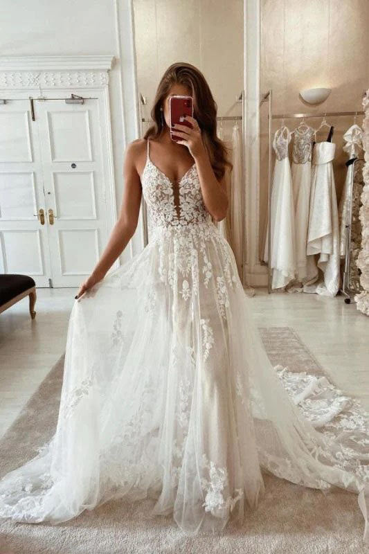 A-Line Spaghetti Straps Appliques Lace Tulle Wedding Dress, Long Beach Bridal Dress OW0158