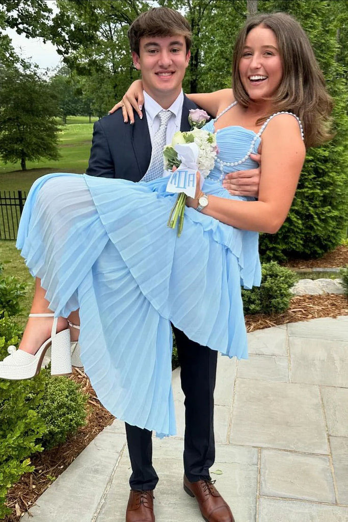 A Line Light Blue Sweetheart Tiered Spaghetti Straps Ankle Length Prom Dress OM0449