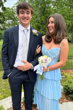 A Line Light Blue Sweetheart Tiered Spaghetti Straps Ankle Length Prom Dress OM0449