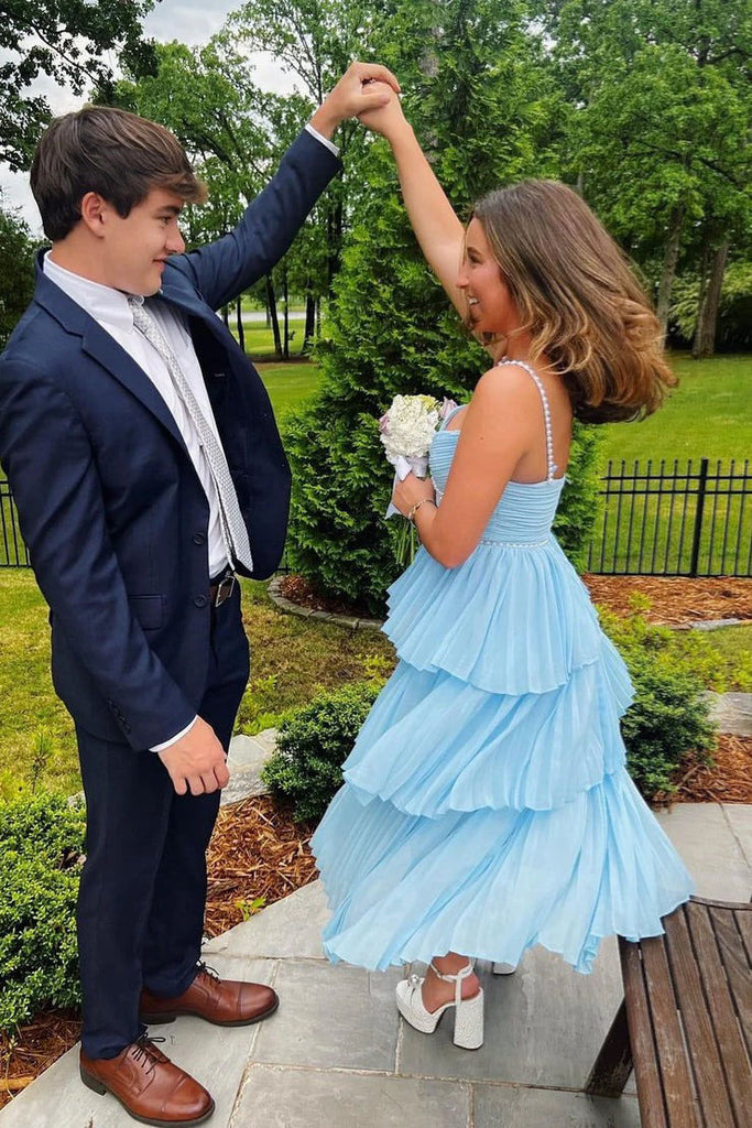 A Line Light Blue Sweetheart Tiered Spaghetti Straps Ankle Length Prom Dress OM0449