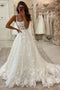 Elegant A line Spaghetti Straps Appliques Lace Scoop Long Beach Wedding Dresses OW0159